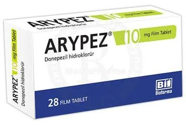 Donepezil içeren film kaplı tablet: ARYPEZ 10 MG FILM KAPLI TABLET (28 TABLET) kutusu. Üretici: BİOFARMA İLAÇ SANAYİ VE TİCARET A.Ş.