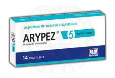 ARYPEZ 5 MG 14 FILM KAPLI TABLET (14 TABLET) kutusu. Donepezil içeren film kaplı tablet. Üretici: BİOFARMA İLAÇ SANAYİ VE TİCARET A.Ş.
