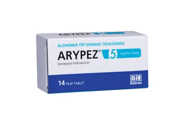 ARYPEZ 5 MG FILM KAPLI TABLET (28 TABLET) ürün ambalajı. Donepezil içeren film kaplı tablet. Üretici: BİOFARMA İLAÇ SANAYİ VE TİCARET A.Ş.
