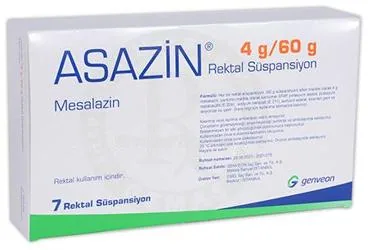 ASAZIN 4 G/60 G REKTAL SUSPANSIYON kutu fotoğrafı, süspansiyon formunda mesalazin içerir. Üretici: GENVEON İLAÇ SANAYİ VE TİCARET ANONİM ŞİRKETİ.