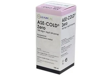 Parasetamol kombinasyon içeren şurup: ASE-COLD ZERO 160 MG + 1 MG/5 ML SURUP (100 ML) ambalajı. Üretici: LİLYUM İLAÇ VE KİMYA SANAYİ TİCARET ANONİM ŞİRKETİ.