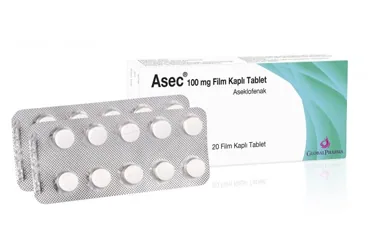ASEC 100 MG 20 FILM TABLET kutusu. Aseklofenak içeren film kaplı tablet. Üretici: GLOBAL PHARMA İLAÇ SANAYİ VE TİCARET ANONİM ŞİRKETİ.