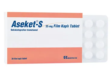 ASEKET-S 25 MG FILM KAPLI TABLET (20 TABLET) kutu fotoğrafı. Deksketoprofen içeren film kaplı tablet. Üretici: BERKO İLAÇ VE KİMYA SAN. A.Ş.