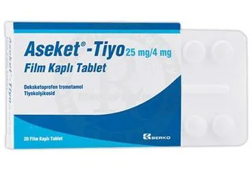 ASEKET - TIYO 25 MG/4 MG FILM KAPLI TABLET (20 TABLET) ambalajı, film kaplı tablet formunda deksketoprofen + tiyokolşikozid içerir. Üretici: BERKO İLAÇ VE KİMYA SAN. A.Ş.