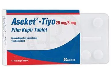 ASEKET - TIYO 25 MG/8 MG FILM KAPLI TABLET (14 TABLET) ürün ambalajı, film kaplı tablet formunda deksketoprofen + tiyokolşikozid içerir. Üretici: BERKO İLAÇ VE KİMYA SAN. A.Ş.