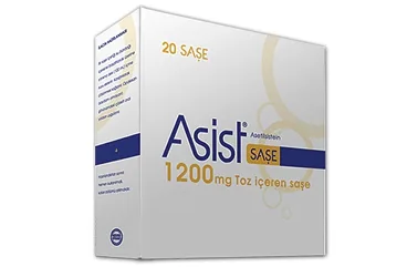 ASIST 1200 MG TOZ ICEREN 20 SASE (asetilsistein) kutu fotoğrafı, saşe. Üretici: HÜSNÜ ARSAN İLAÇLARI A.Ş.