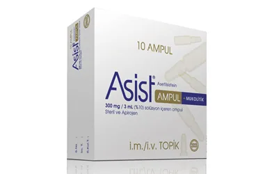 ASIST 300 MG/3 ML COZELTI ICERENAMPUL (10 AMPUL) ürün ambalajı, çözelti formunda asetilsistein içerir. Üretici: HÜSNÜ ARSAN İLAÇLARI A.Ş.