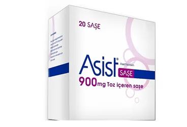 ASIST 900 MG TOZ ICEREN 20 SASE kutusu, saşe formunda asetilsistein içerir. Üretici: HÜSNÜ ARSAN İLAÇLARI A.Ş.
