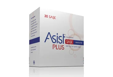 ASIST PLUS 600 MG TOZ ICEREN 10 SASE (asetilsistein) ambalajı, saşe. Üretici: HÜSNÜ ARSAN İLAÇLARI A.Ş.