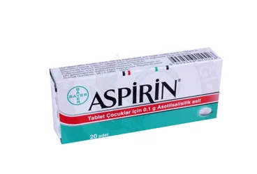 ASPIRIN 100 MG 20 TABLET ürün ambalajı. Asetilsalisilik asit içeren tablet. Üretici: BAYER TÜRK KİMYA SAN. LTD. ŞTİ.