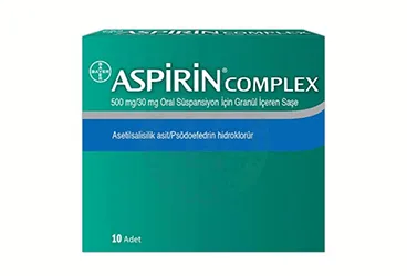 ASPIRIN COMPLEXORAL SUSPANSIYON GRANULLU 500/30 MG 10 SASE ürün ambalajı, oral süspansiyon formunda psödoefedrin kombinasyon içerir. Üretici: BAYER TÜRK KİMYA SAN. LTD. ŞTİ.