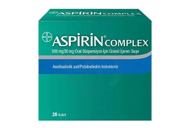 Psödoefedrin kombinasyon içeren oral süspansiyon: ASPIRIN COMPLEXORAL SUSPANSIYON GRANULLU 500/30 MG 20 SASE kutu fotoğrafı. Üretici: BAYER TÜRK KİMYA SAN. LTD. ŞTİ.