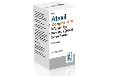 Paklitaksel içeren flakon: ATAXIL 300 MG/50 ML IV INF.ICIN KON.COZ.ICEREN FLAKON ürün ambalajı. Üretici: DEVA HOLDİNG ANONİM ŞİRKETİ.