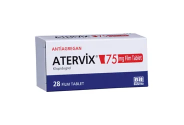 ATERVIX 75 MG 28 FILM KAPLI TABLET kutusu, film kaplı tablet formunda klopidogrel içerir. Üretici: BİOFARMA İLAÇ SANAYİ VE TİCARET A.Ş.