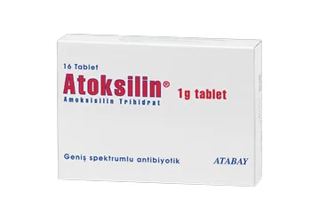 ATOKSILIN 1000 MG 16 TABLET kutusu, tablet formunda amoksisilin içerir. Üretici: ATABAY KİMYA SANAYİ VE TİC. A.Ş.