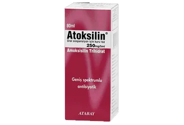 ATOKSILIN 250 MG 80 ML SUSPANSIYON kutu fotoğrafı. Amoksisilin içeren süspansiyon. Üretici: ATABAY KİMYA SANAYİ VE TİC. A.Ş.