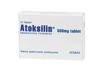 Amoksisilin içeren tablet: ATOKSILIN 500 MG 16 TABLET kutu fotoğrafı. Üretici: ATABAY KİMYA SANAYİ VE TİC. A.Ş.