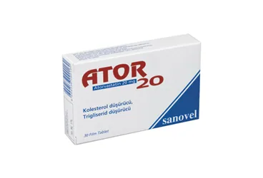 ATOR 20 MG 30 FİLM TABLET (atorvastatin) kutusu, film kaplı tablet. Üretici: SANOVEL İLAÇ SANAYİ VE TİCARET ANONİM ŞİRKETİ.