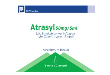 ATRASYL 50 MG/5 ML IV ENJEKSIYON VE INFUZYON ICIN COZELTI ICEREN 10 AMPUL (atrakuryum besilat) kutusu, çözelti. Üretici: PHARMADA İLAÇ SANAYİ VE TİCARET A.Ş.