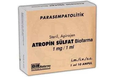 Atropin içeren ampul: ATROPIN BIOFARMA 1 MG 10 AMPUL ürün ambalajı. Üretici: BİOFARMA İLAÇ SANAYİ VE TİCARET A.Ş.