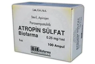 ATROPIN SULFAT BIOFARMA 0,25MG/1ML 100 AMPUL ürün ambalajı, ampul formunda atropin içerir. Üretici: BİOFARMA İLAÇ SANAYİ VE TİCARET A.Ş.