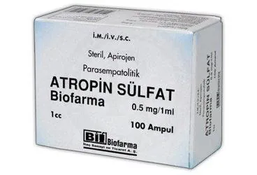 ATROPIN SULFAT BIOFARMA 0,5MG/1ML 100 AMPUL kutu fotoğrafı. Atropin içeren ampul. Üretici: BİOFARMA İLAÇ SANAYİ VE TİCARET A.Ş.