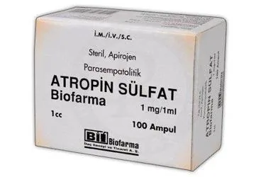ATROPIN SULFAT BIOFARMA 1MG/1 ML 100 AMPUL ürün ambalajı. Atropin içeren ampul. Üretici: BİOFARMA İLAÇ SANAYİ VE TİCARET A.Ş.