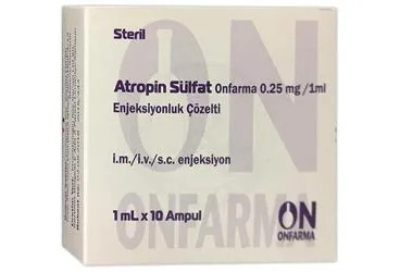 ATROPIN SULFAT ONFARMA 0,25 MG / 1 ML ENJEKSIYONLUK COZELTI (10 AMPUL) (atropin) ambalajı, çözelti. Üretici: ONFARMA İLAÇ SANAYİ LİMİTED ŞİRKETİ.