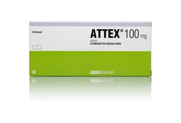ATTEX 100 MG 28 KAPSUL kutusu. Atomoksetin hcl içeren kapsül. Üretici: ABDİ İBRAHİM İLAÇ SANAYİ VE TİCARET A.Ş.