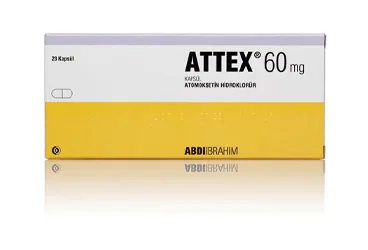 ATTEX 60 MG 28 KAPSUL kutusu, kapsül formunda atomoksetin hcl içerir. Üretici: ABDİ İBRAHİM İLAÇ SANAYİ VE TİCARET A.Ş.