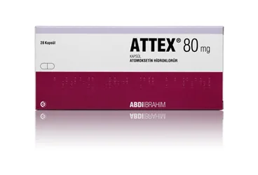 ATTEX 80 MG 28 KAPSUL ambalajı. Atomoksetin hcl içeren kapsül. Üretici: ABDİ İBRAHİM İLAÇ SANAYİ VE TİCARET A.Ş.