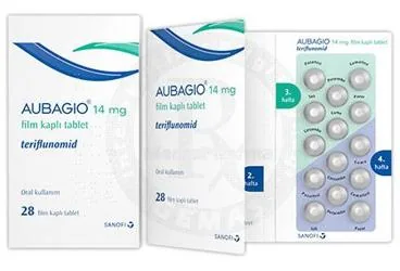 AUBAGIO 14 MG 28 FILM KAPLI TABLET ürün ambalajı. Teriflunomid içeren film kaplı tablet. Üretici: SANOFİ SAĞLIK ÜRÜNLERİ LTD. ŞTİ.