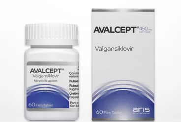AVALCEPT 450 MG FİLM TABLET kutusu. Valgansiklovir içeren film kaplı tablet. Üretici: ALİ RAİF İLAÇ SANAYİ A.Ş.