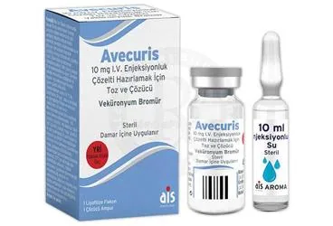 Vekuronyum içeren çözelti: AVECURIS 10 MG IV ENJEKSIYONLUK COZELTI HAZIRLAMAK ICIN TOZ VE COZUCU (1 FLAKON+1 COZUCU AMPUL) ambalajı. Üretici: AROMA İLAÇ SAN.LTD.ŞTİ.
