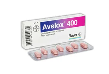 Moksifloksasin içeren film kaplı tablet: AVELOX 400 MG 7 FILM TABLET ambalajı. Üretici: BAYER TÜRK KİMYA SAN. LTD. ŞTİ.