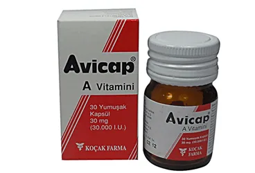 Vitamin a içeren kapsül: AVICAP 30 MG 30 YUM.KAPSÜL ürün ambalajı. Üretici: KOÇAK FARMA İLAÇ VE KİMYA SANAYİ A.Ş.