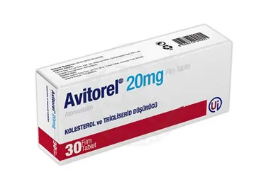 Atorvastatin içeren film kaplı tablet: AVITOREL 20 MG 30 FILM TABLET kutusu. Üretici: UMUT İLAÇ TİC. VE SAN. LTD. ŞTİ.