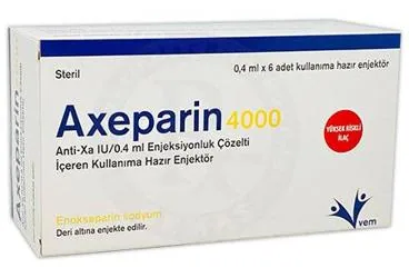 AXEPARIN 4000 ANTI XA IU/0.4 ML ENJEKSIYONLUK COZELTI ICEREN KULLANIMA HAZIR ENJEKTOR (6 ADET) ambalajı, çözelti formunda enoksaparin sodyum içerir. Üretici: VEM İLAÇ SAN. VE TİC. ANONİM ŞİRKETİ.
