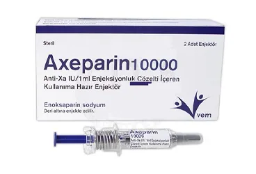 AXEPARIN ANTI XA 10000 IU/1 ML ENJEKSIYONLUK COZELTI ICEREN KULLANIMA HAZIR ENJEKTOR (2 ENJEKTOR) ambalajı. Enoksaparin sodyum içeren çözelti. Üretici: VEM İLAÇ SAN. VE TİC. ANONİM ŞİRKETİ.