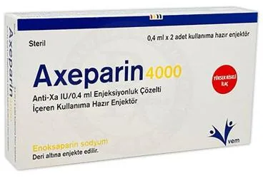 AXEPARIN ANTI XA 4000 IU/0,4 ML ENJEKSIYONLUK COZELTI ICEREN KULLANIMA HAZIR ENJEKTOR (2 ENJEKTOR) kutu fotoğrafı. Enoksaparin sodyum içeren çözelti. Üretici: VEM İLAÇ SAN. VE TİC. ANONİM ŞİRKETİ.