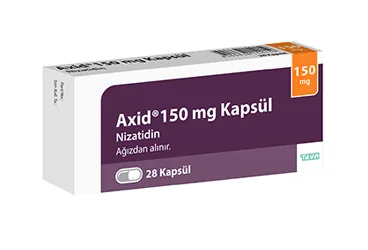 AXID 150 MG 28 KAPSUL kutusu, kapsül formunda nizatidin içerir. Üretici: TEVA İLAÇLARI SANAYİ VE TİCARET A.Ş.