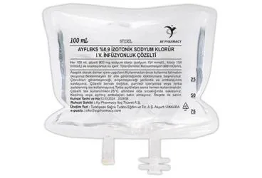 AYFLEKS %0,9 IZOTONIK SODYUM KLORUR I.V. INFUZYONLUK COZELTI 100 ML,SETSIZ kutusu. Sodyum klorur içeren çözelti. Üretici: AY PHARMACY İLAÇ TİCARET ANONİM ŞİRKETİ.