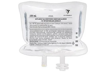 AYFLEKS %0,9 IZOTONIK SODYUM KLORUR I.V. INFUZYONLUK COZELTI 150 ML,SETSIZ kutusu, çözelti formunda sodyum klorur içerir. Üretici: AY PHARMACY İLAÇ TİCARET ANONİM ŞİRKETİ.