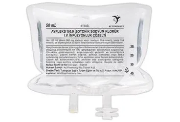 Sodyum klorur içeren çözelti: AYFLEKS %0,9 IZOTONIK SODYUM KLORUR I.V. INFUZYONLUK COZELTI 50 ML,SETSIZ kutusu. Üretici: AY PHARMACY İLAÇ TİCARET ANONİM ŞİRKETİ.