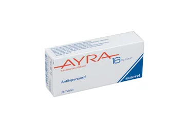 AYRA 16 MG 90 TABLET kutusu, tablet formunda kandesartan içerir. Üretici: SANOVEL İLAÇ SAN. VE TİC. A.Ş.
