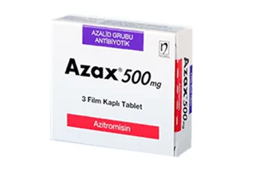 AZAX 500 MG 3 FİLM TABLET ürün ambalajı. Azitromisin içeren film kaplı tablet. Üretici: NOBEL İLAÇ SAN. VE TİC. A.Ş.