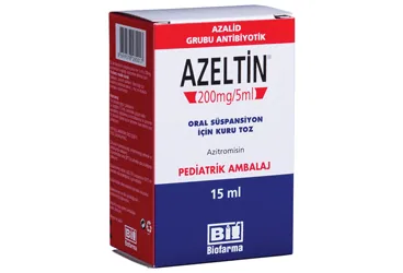 Azitromisin içeren oral süspansiyon: AZELTIN 200 MG 15 ML ORAL SUSPANSIYON kutusu. Üretici: BİOFARMA İLAÇ SANAYİ VE TİCARET A.Ş.