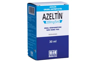 Azitromisin içeren oral süspansiyon: AZELTIN 200 MG 30 ML ORAL SUSPANSIYON ambalajı. Üretici: BİOFARMA İLAÇ SANAYİ VE TİCARET A.Ş.