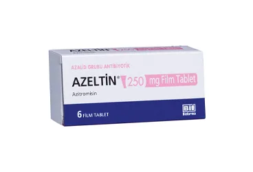 AZELTIN 250 MG 6 FILM KAPLI TABLET kutusu. Azitromisin içeren film kaplı tablet. Üretici: BİOFARMA İLAÇ SANAYİ VE TİCARET A.Ş.