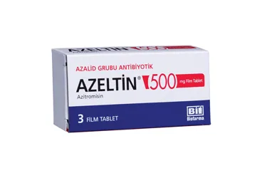 Azitromisin içeren film kaplı tablet: AZELTIN 500 MG 3 FILM KAPLI TABLET ambalajı. Üretici: BİOFARMA İLAÇ SANAYİ VE TİCARET A.Ş.